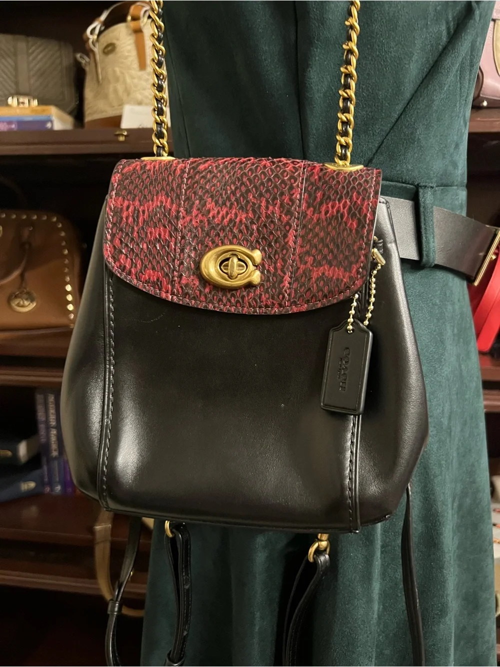 Coach Parker Black Leather Backpack with Red Python-Print Flap and Gold Hardware